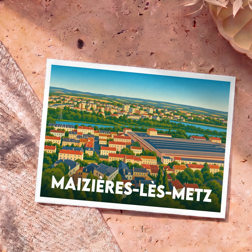 Carte postale souvenir de la ville de Maizières-lès-Metz avec une illustration panoramique stylisée.