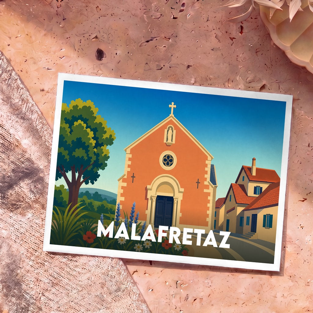 Carte postale souvenir de la ville de Malafretaz avec une illustration stylisée de son église et de son paysage.