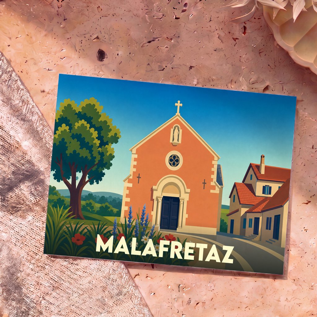 Carte postale souvenir de la ville de Malafretaz avec une illustration stylisée de son église et de son paysage.