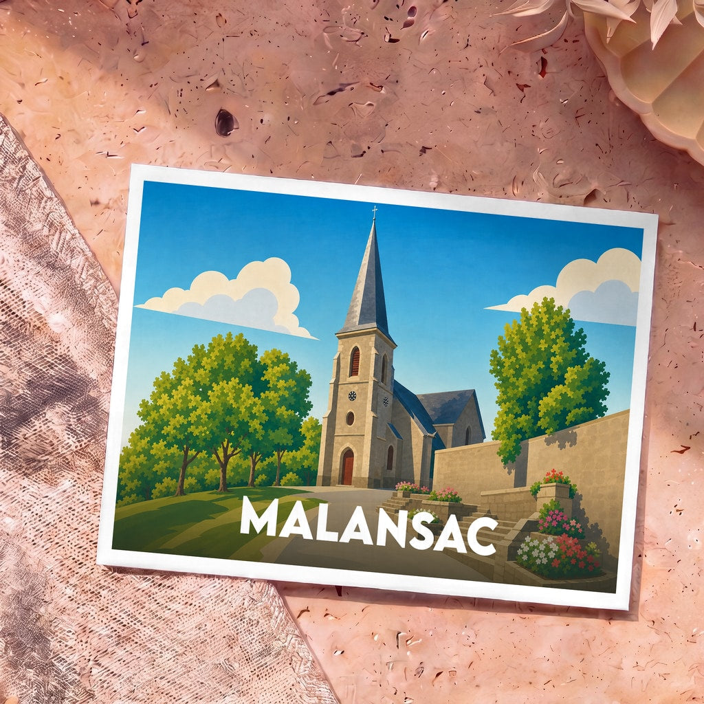 Carte postale souvenir de la ville de Malansac illustrant son église entourée de verdure dans un style graphique épuré.