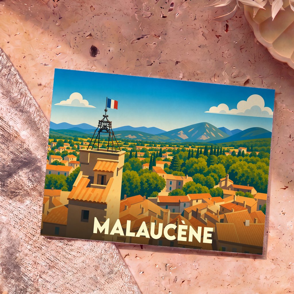 Carte postale souvenir de la ville de Malaucène présentant une illustration stylisée de ses toits provençaux et du mont Ventoux.