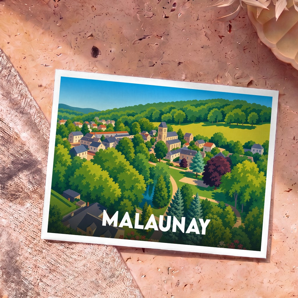 Carte postale souvenir de la ville de Malaunay avec une illustration stylisée et verdoyante du village.