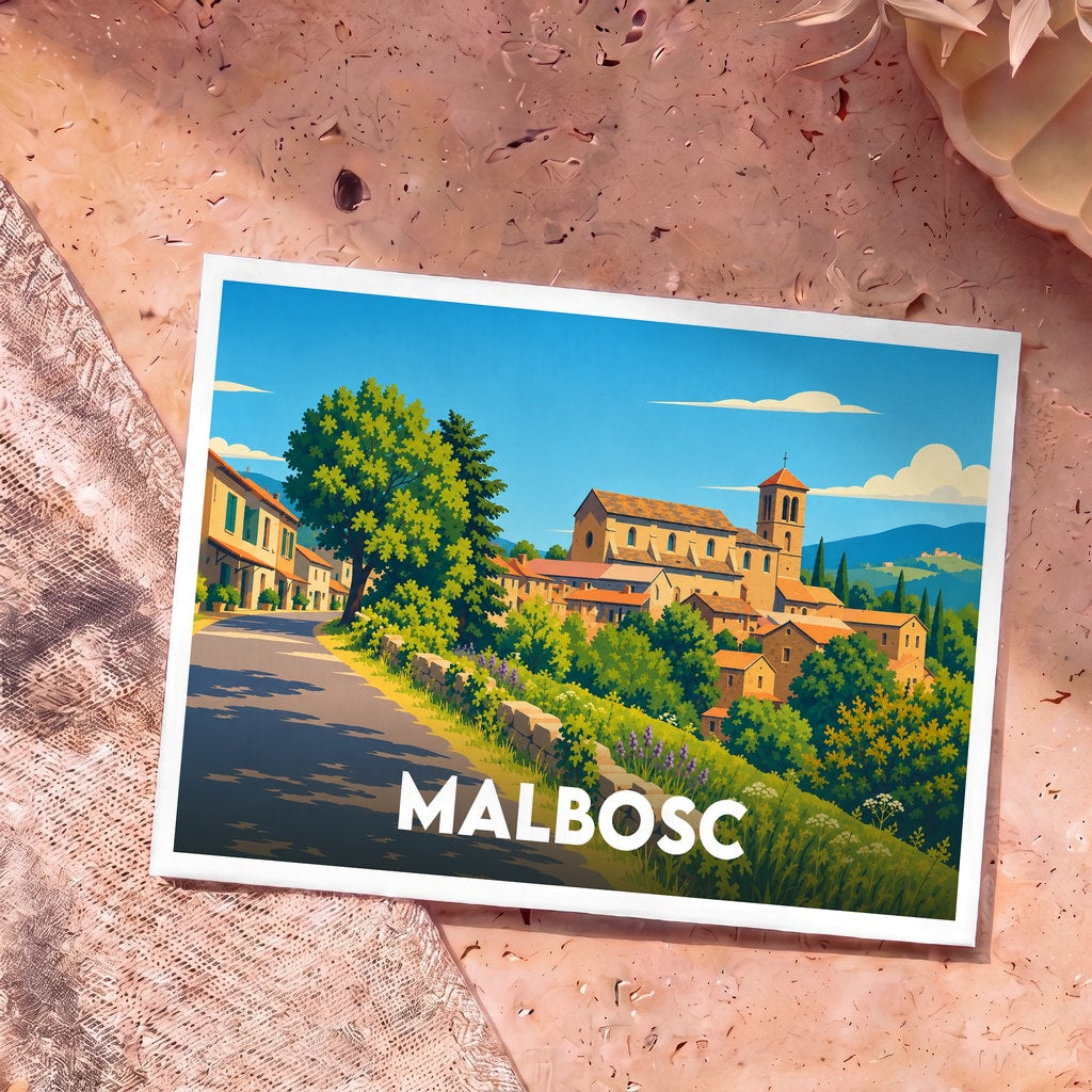 Carte postale souvenir de la ville de Malbosc avec une illustration stylisée et colorée du village.