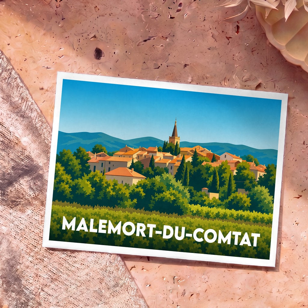 Carte postale souvenir de la ville de Malemort-du-Comtat avec une illustration stylisée.