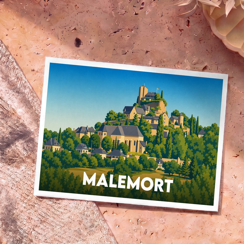 Carte postale souvenir de la ville de Malemort avec une illustration stylisée d'un village perché.