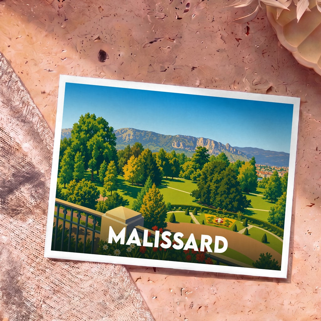 Carte postale souvenir de la ville de Malissard avec une illustration stylisée d'un parc paysager devant des montagnes.