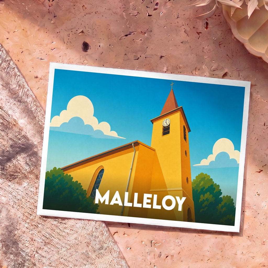 Carte postale souvenir de la ville de Malleloy avec une illustration stylisée de son église jaune sous un ciel bleu.