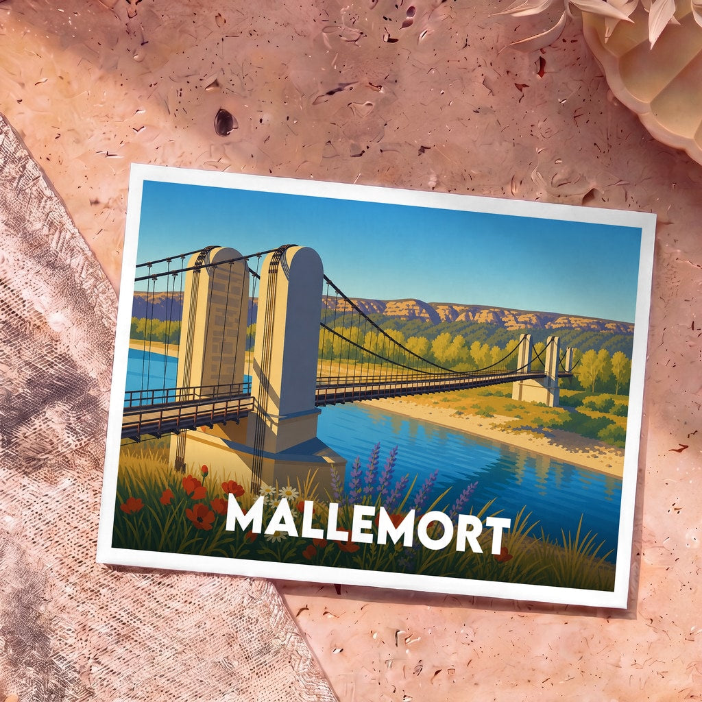 Carte postale souvenir de la ville de Mallemort illustrant son célèbre pont suspendu dans un style rétro et coloré.