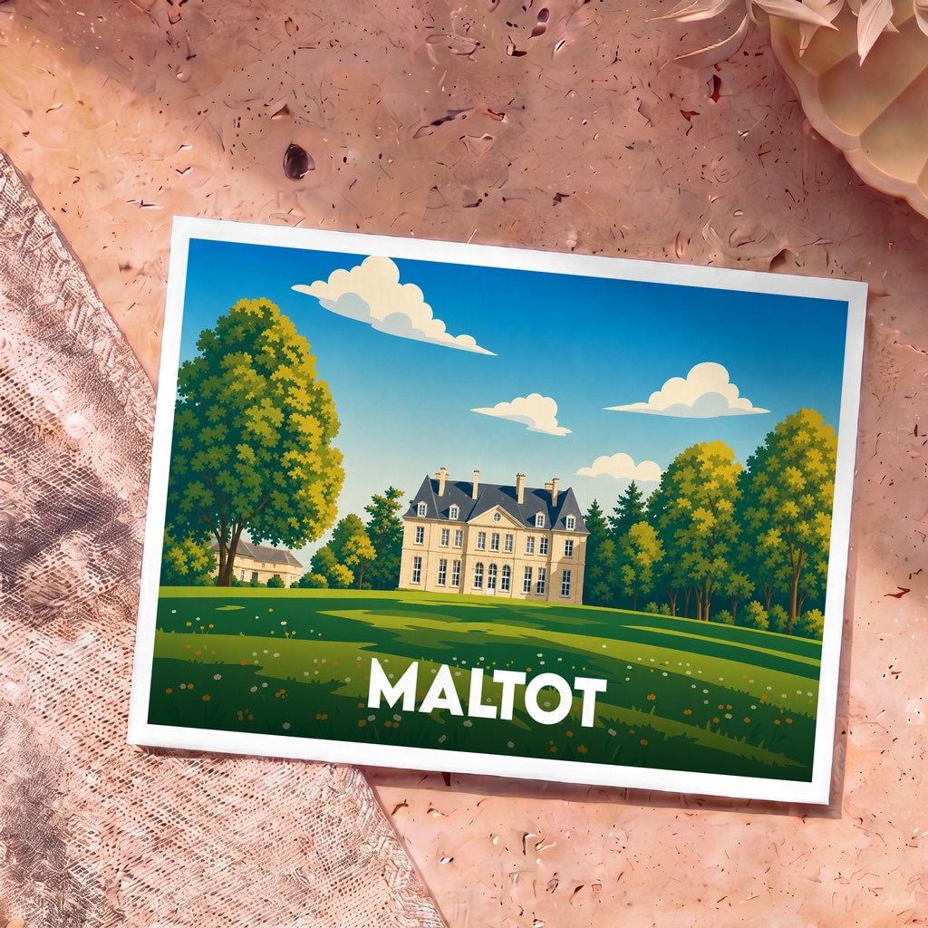 Carte postale souvenir de la ville de Maltot avec une illustration stylisée d'un château.