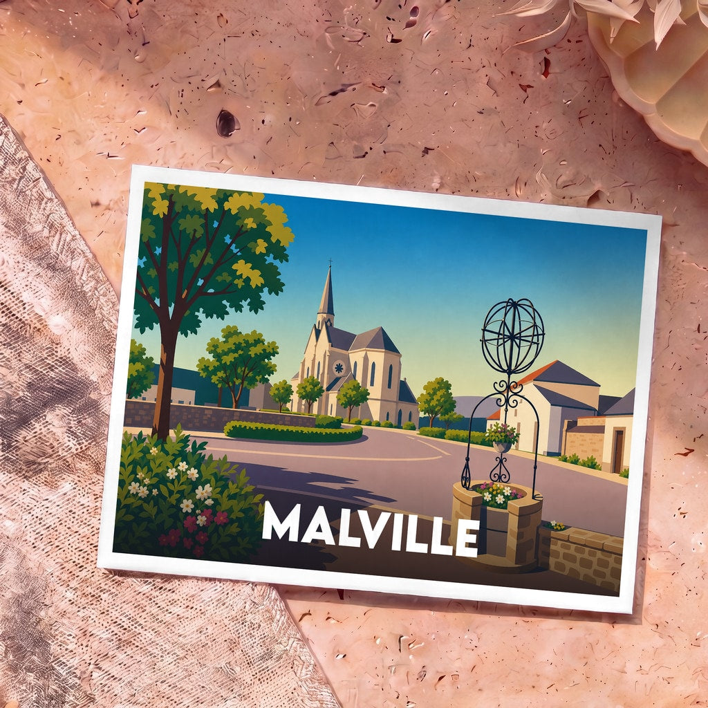 Carte postale souvenir de la ville de Malville avec une illustration stylisée de son église et d'un puits ancien.