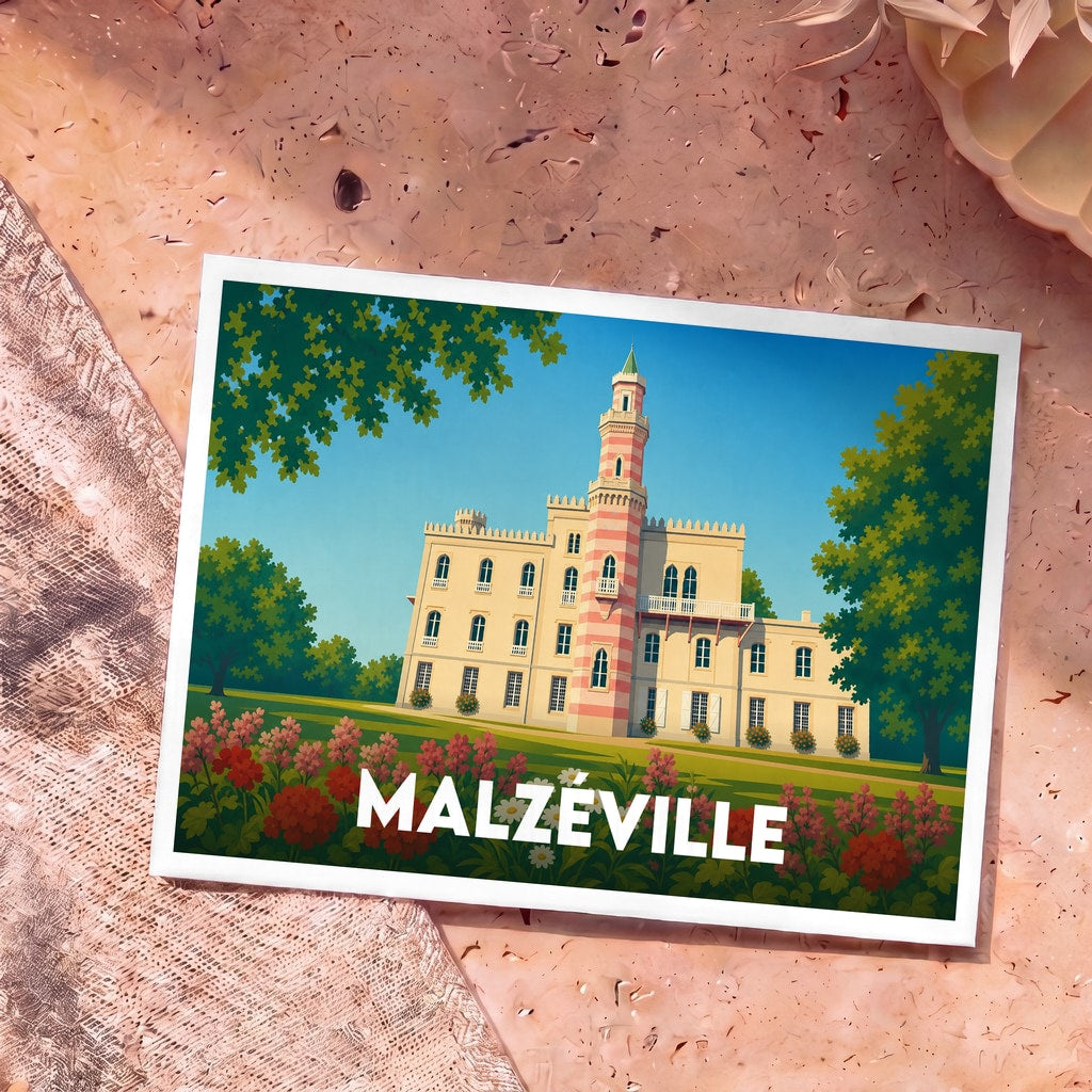 Carte postale souvenir de la ville de Malzéville avec une illustration stylisée d'un château à tour rayée.
