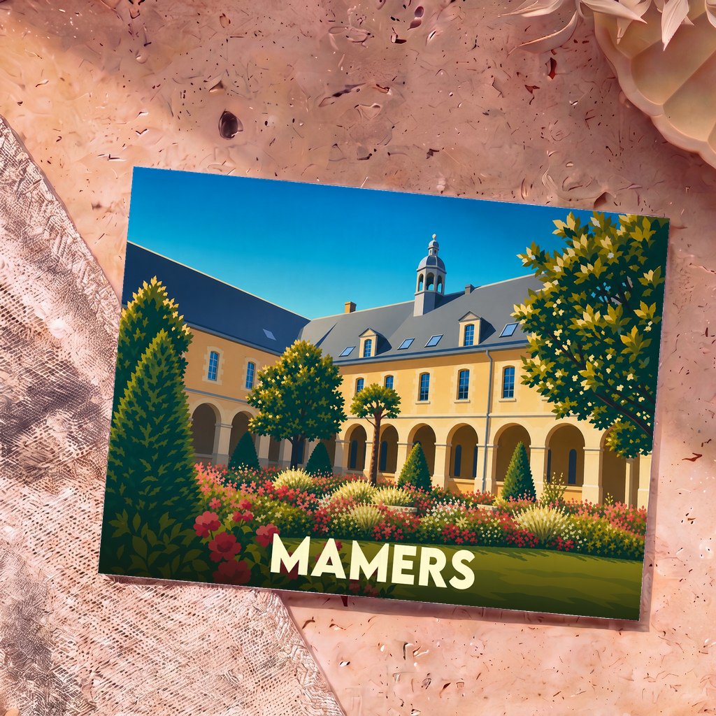 Carte postale souvenir de la ville de Mamers avec une illustration stylisée de son cloître fleuri.