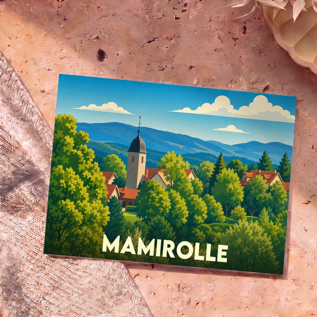 Carte postale souvenir de la ville de Mamirolle avec une illustration stylisée d'un village verdoyant et son clocher.
