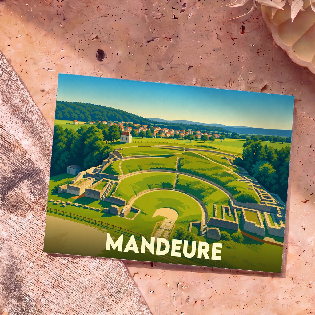 Carte postale souvenir de la ville de Mandeure avec une illustration stylisée de son théâtre gallo-romain.