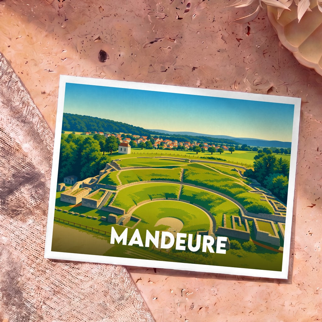 Carte postale souvenir de la ville de Mandeure avec une illustration stylisée de son théâtre gallo-romain.