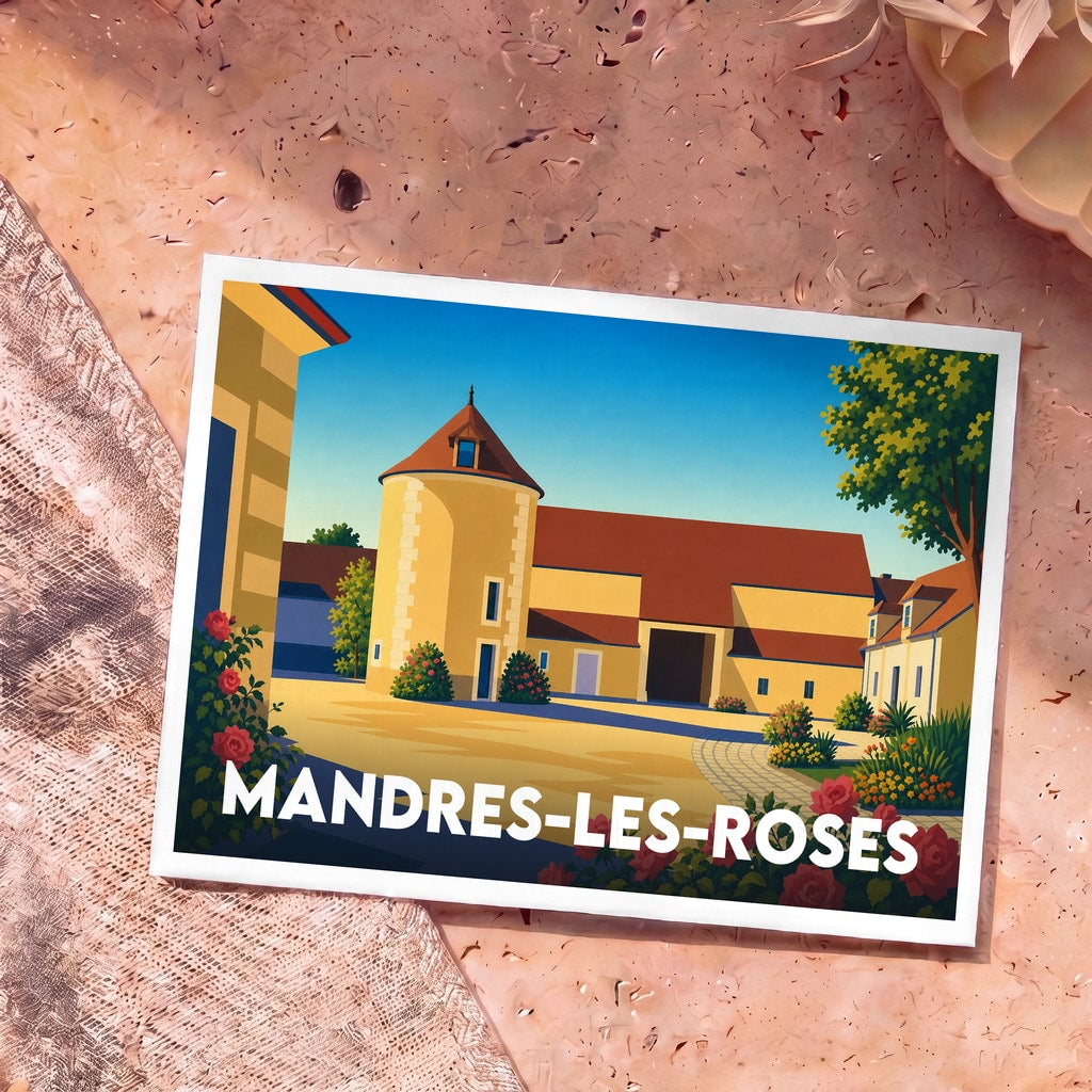 Carte postale souvenir de la ville de Mandres-les-Roses avec une illustration stylisée d'une propriété historique.
