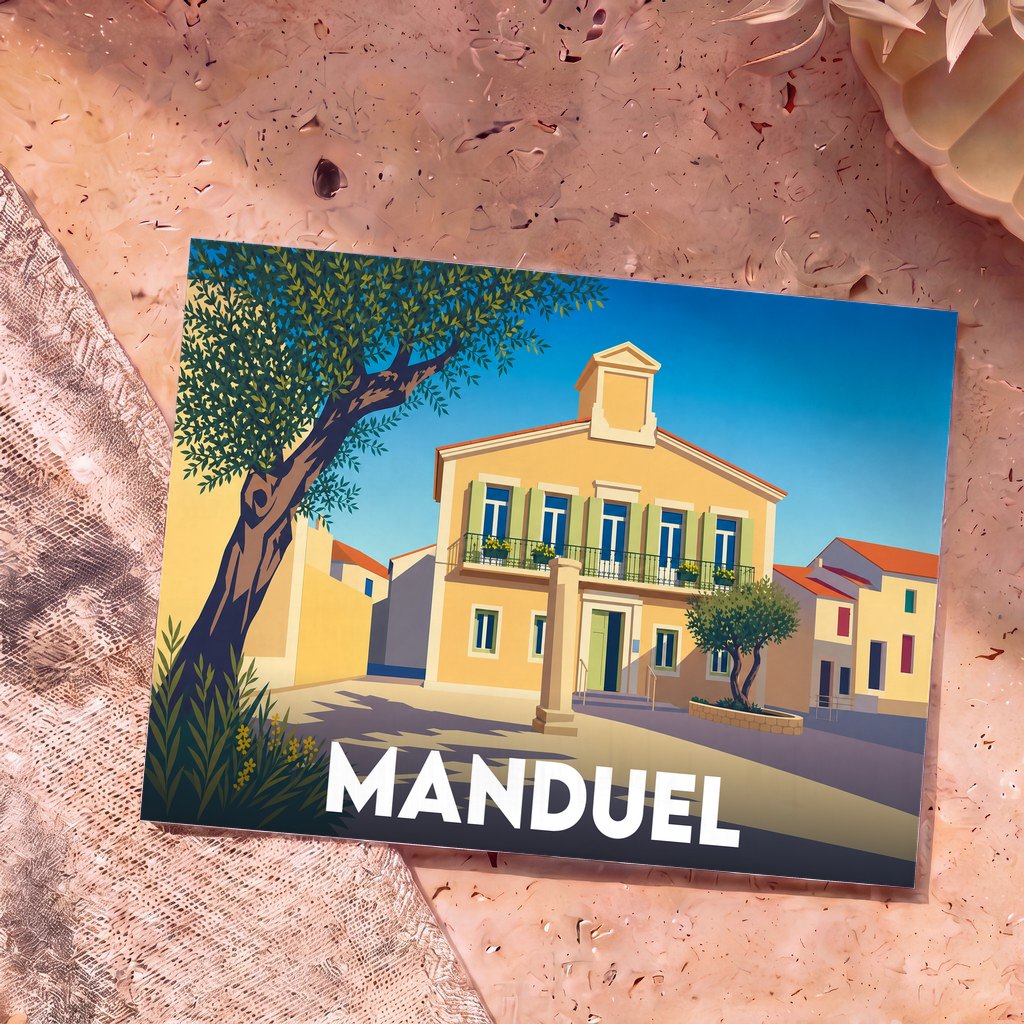 Carte postale souvenir de la ville de Manduel avec une illustration stylisée de son architecture provençale.