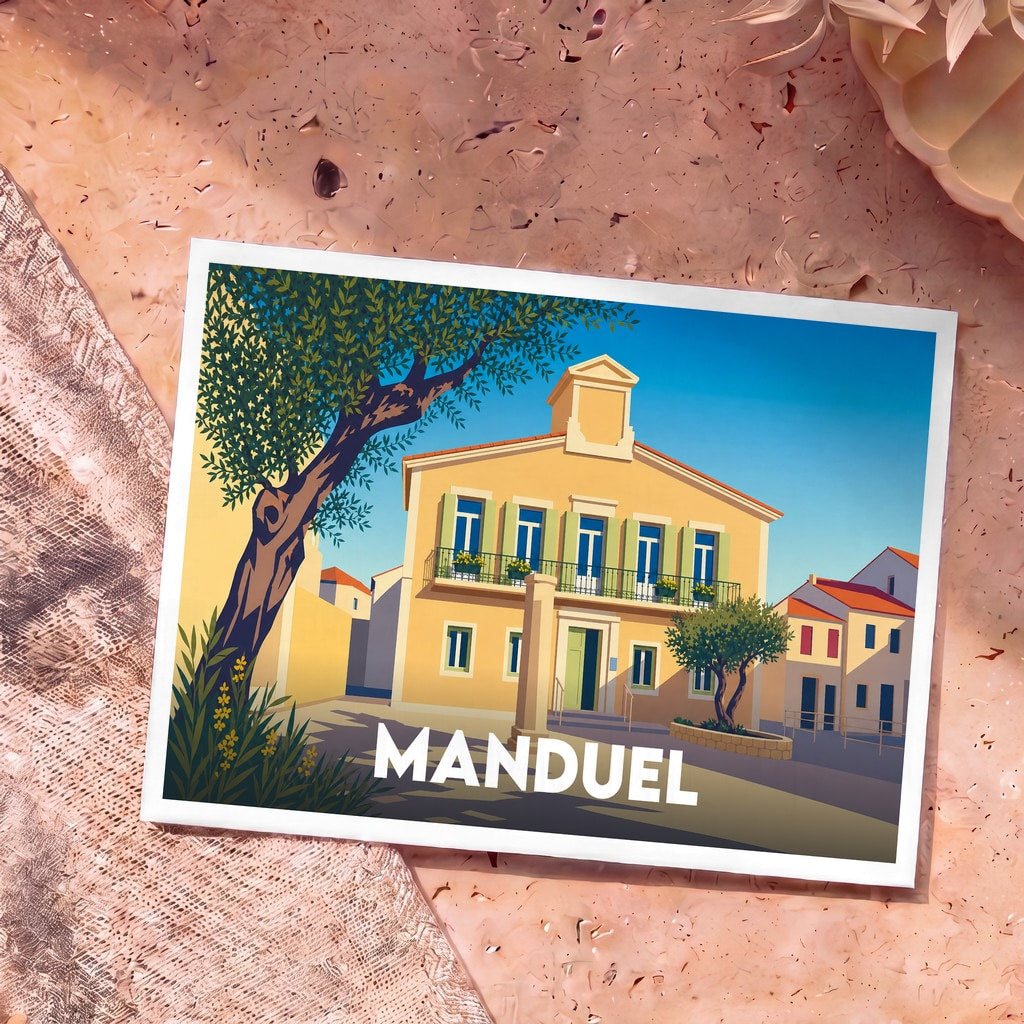 Carte postale souvenir de la ville de Manduel avec une illustration stylisée de son architecture provençale.