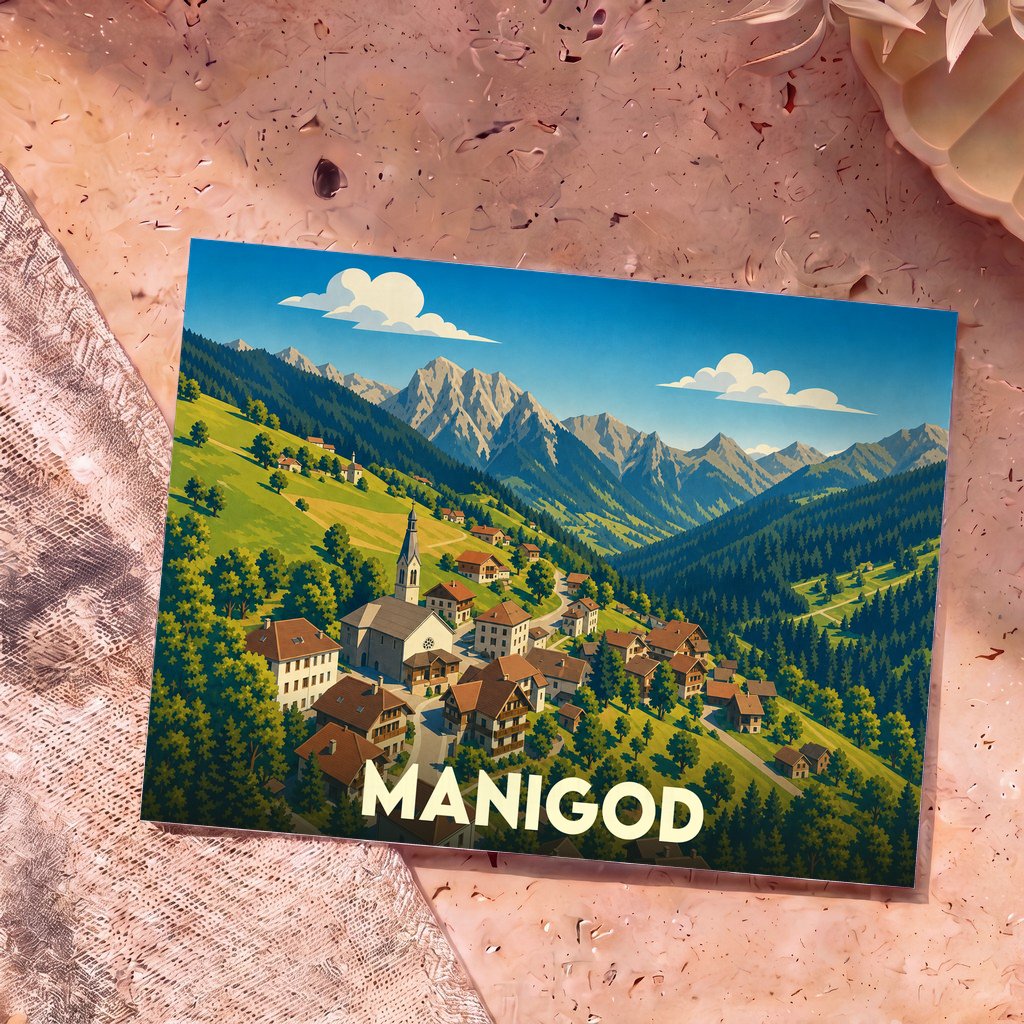 Carte postale souvenir de la ville de Manigod avec une illustration stylisée de son village alpin et des montagnes environnantes.