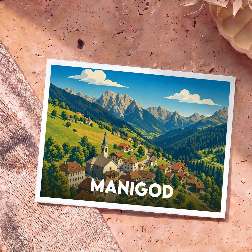 Carte postale souvenir de la ville de Manigod avec une illustration stylisée de son village alpin et des montagnes environnantes.