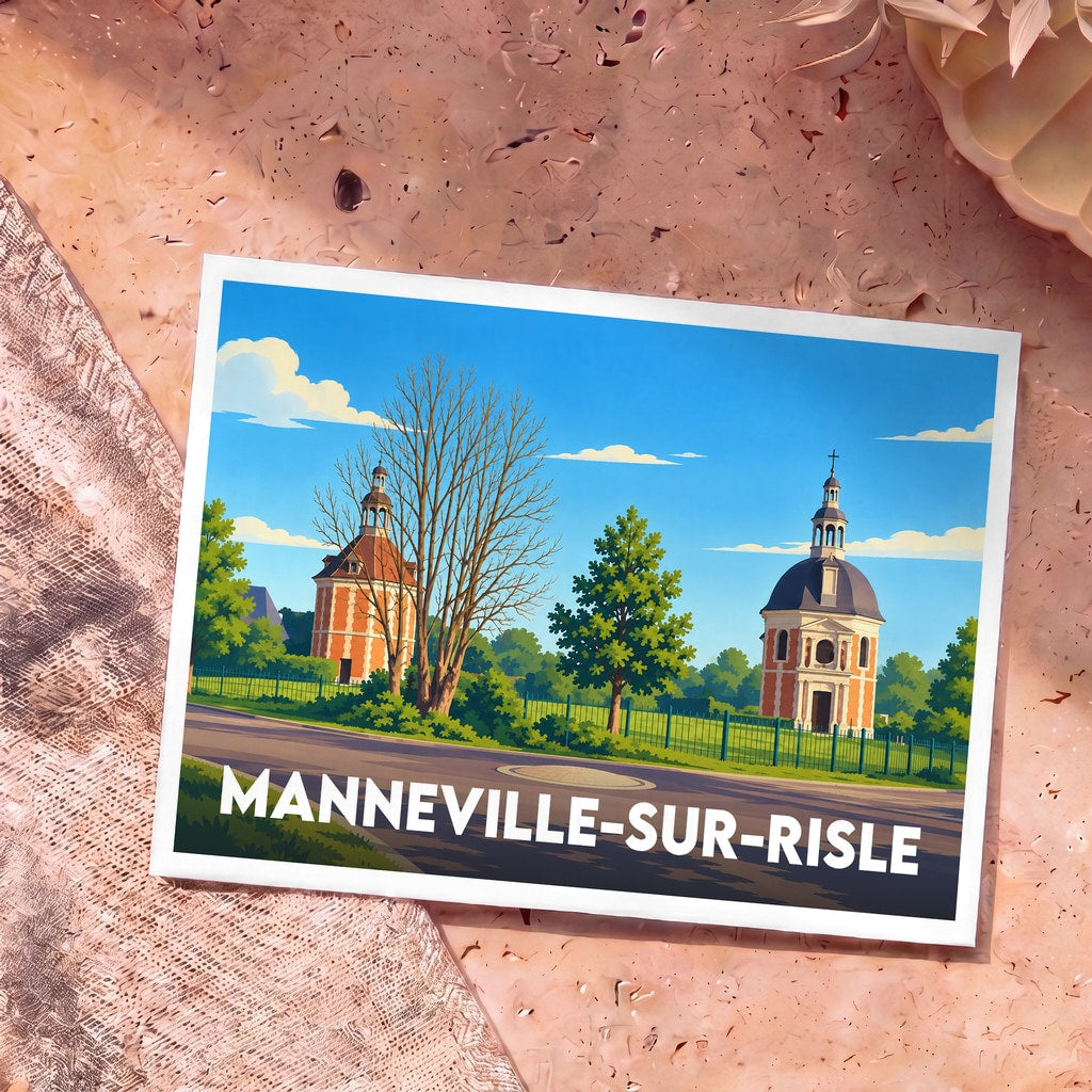 Carte postale souvenir de Manneville-sur-Risle présentant une illustration stylisée de ses monuments historiques sous un ciel bleu.