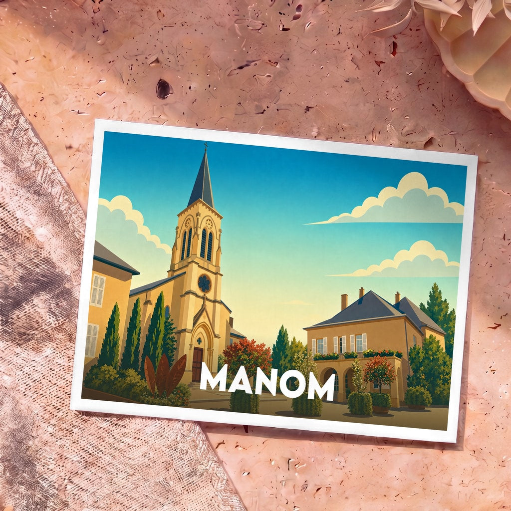 Carte postale souvenir de la ville de Manom illustrant son église et son architecture dans un style graphique épuré.