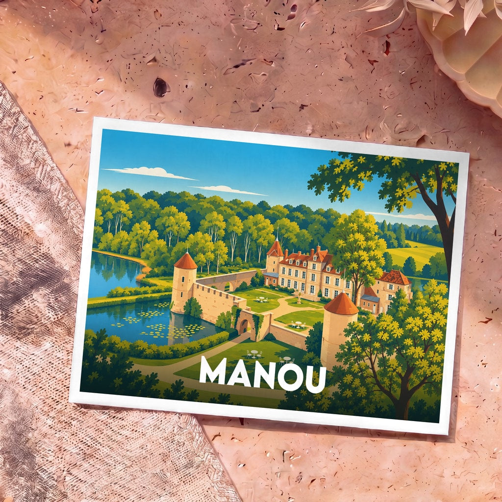 Carte postale souvenir de la ville de Manou avec une illustration stylisée d'un château en bord de l'eau.