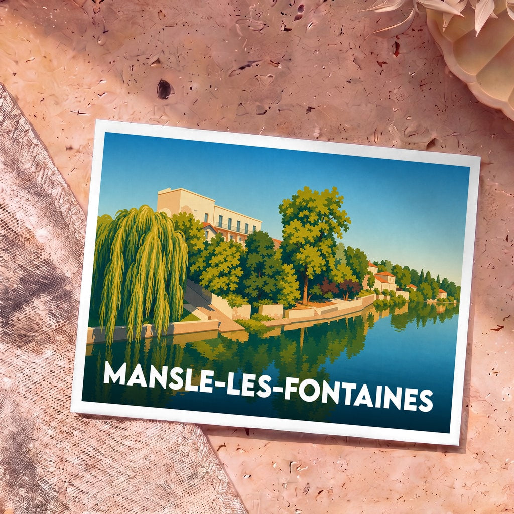 Carte postale souvenir de la ville de Mansle-les-Fontaines avec une illustration stylisée d'un paysage fluvial.