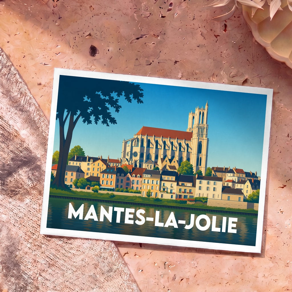 Carte postale souvenir de la ville de Mantes-la-Jolie avec une illustration stylisée de sa collégiale en bord de Seine.