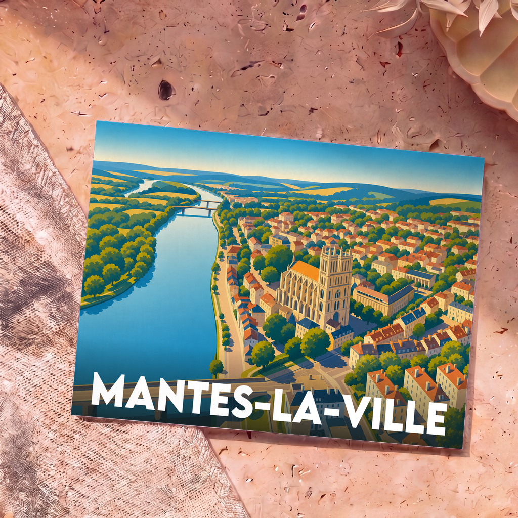 Carte postale souvenir de la ville de Mantes-la-Ville avec une illustration panoramique stylisée.