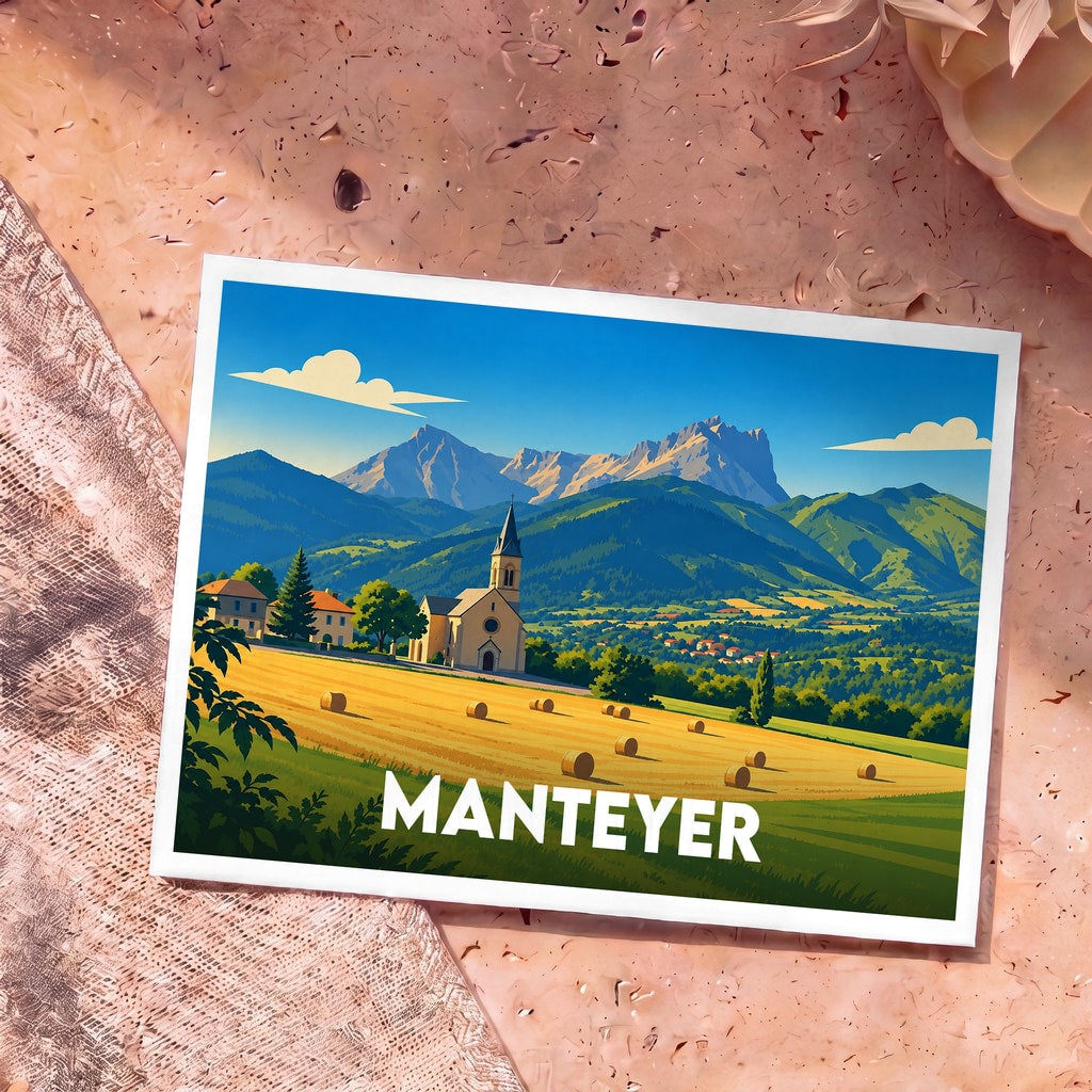 Carte postale souvenir de la ville de Manteyer avec une illustration stylisée de son paysage montagneux.