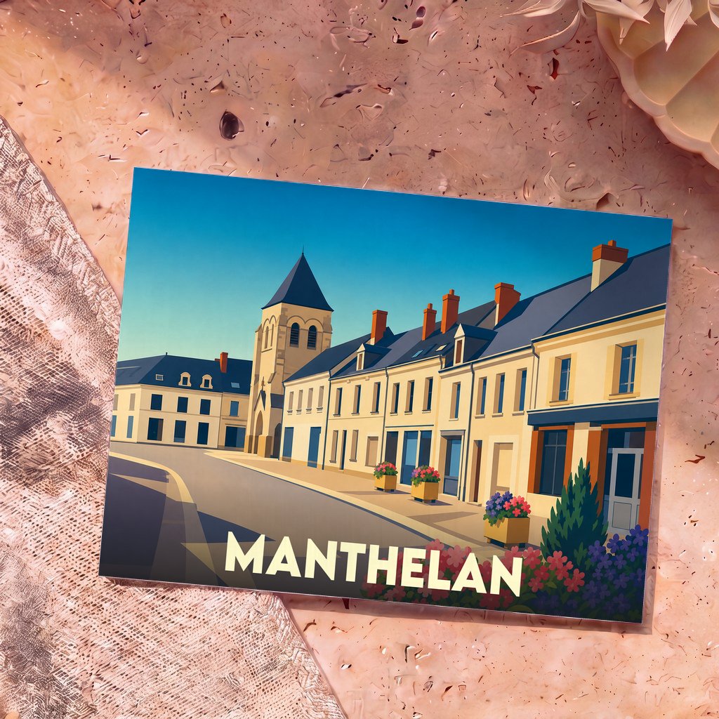 Carte postale souvenir de la ville de Manthelan avec une illustration stylisée de ses rues et de son église.