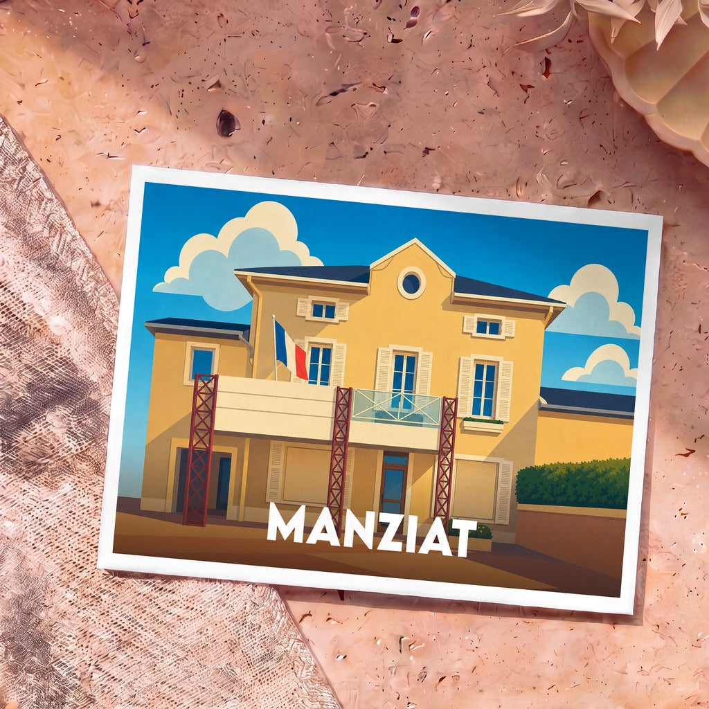 Carte postale souvenir de la ville de Manziat avec une illustration stylisée d'un bâtiment arborant le drapeau français.