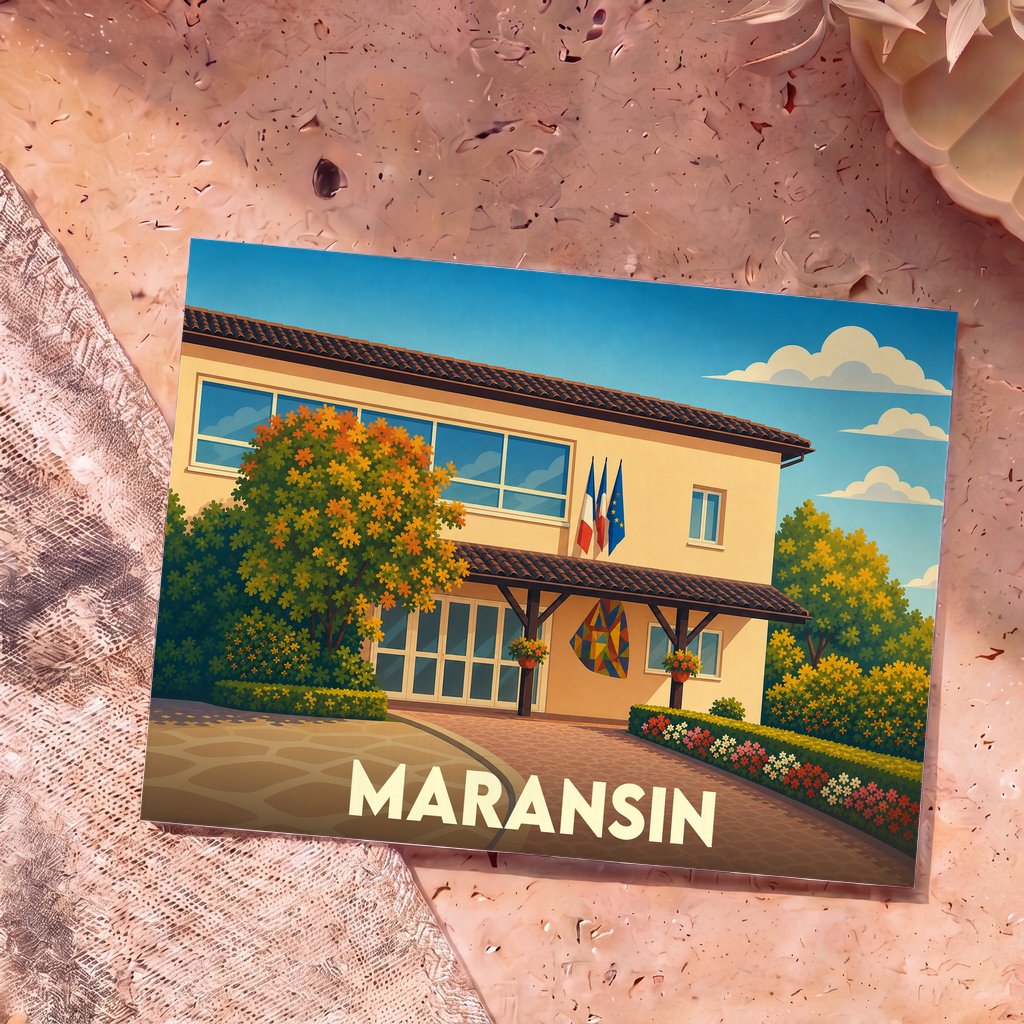 Carte postale souvenir de la ville de Maransin avec une illustration stylisée de sa mairie.