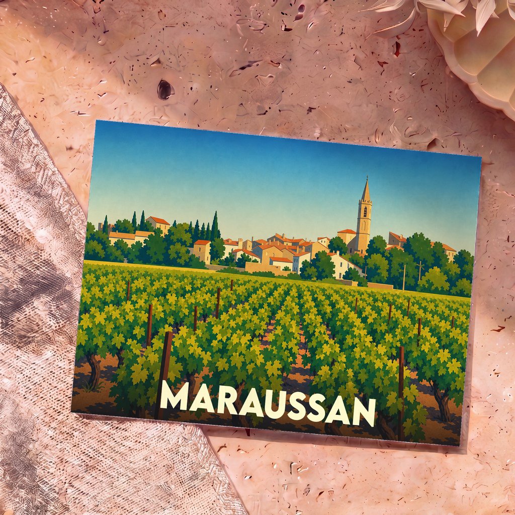Carte postale souvenir de la ville de Maraussan avec une illustration stylisée de son église et de ses vignobles.
