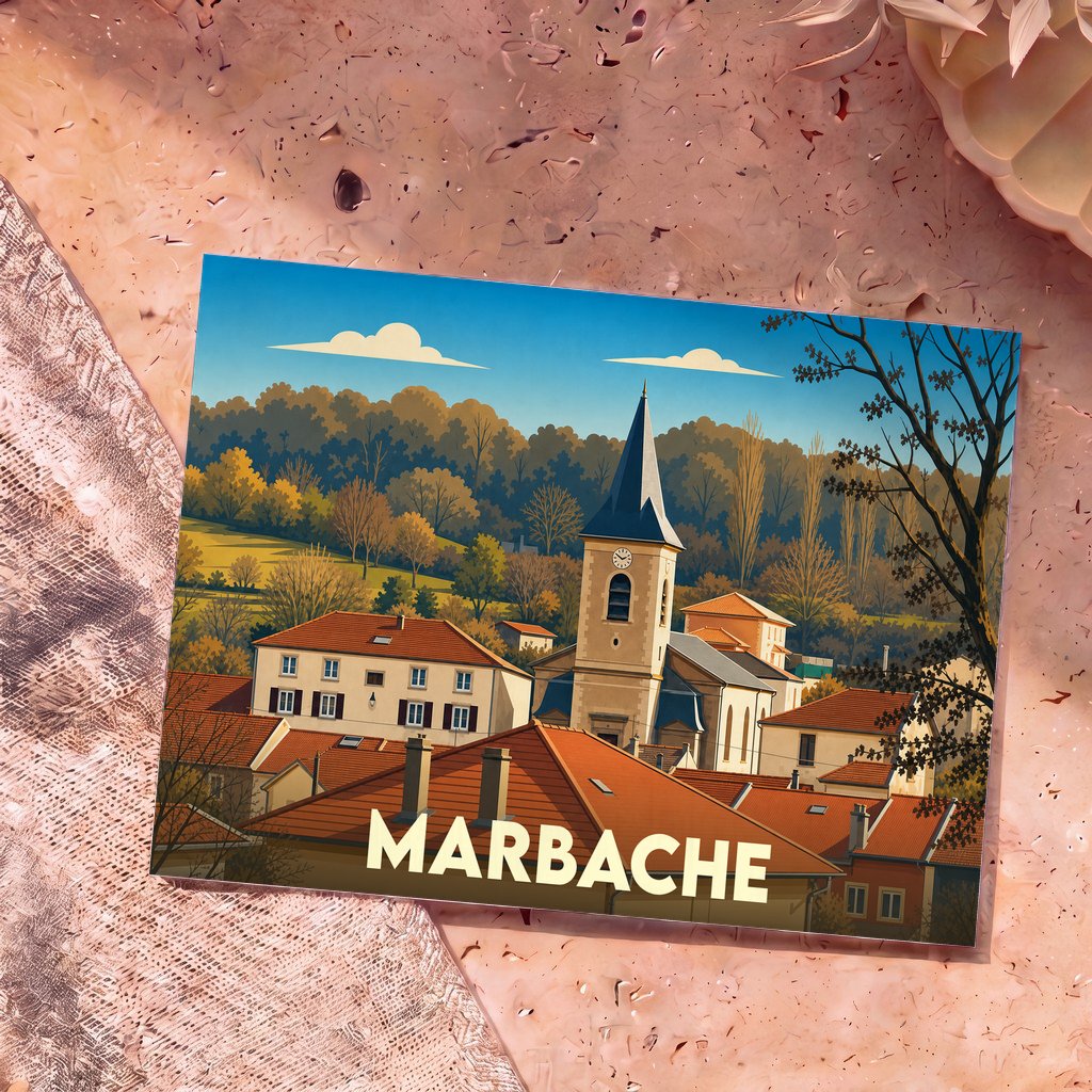 Carte postale souvenir de la ville de Marbache avec une illustration stylisée de son église et de ses toits.