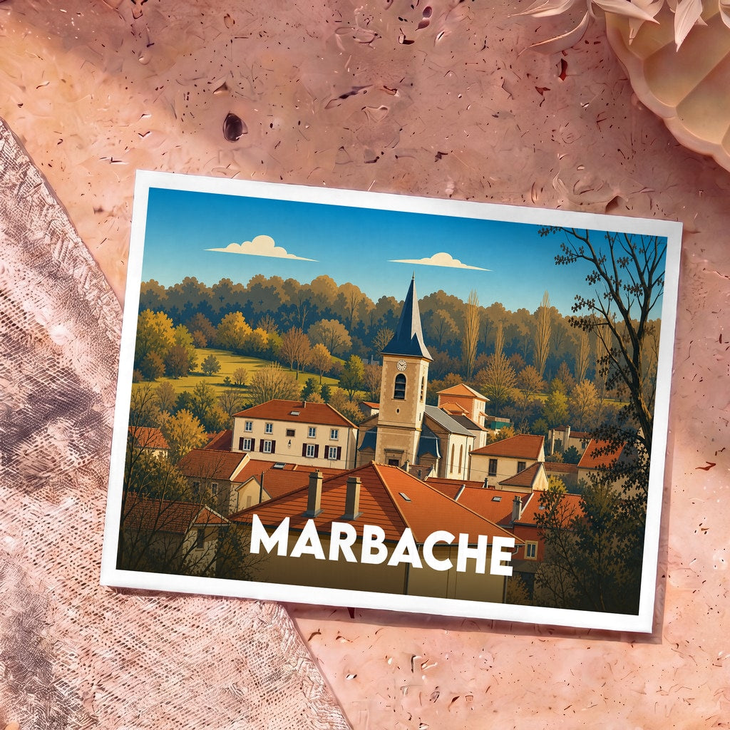 Carte postale souvenir de la ville de Marbache avec une illustration stylisée de son église et de ses toits.