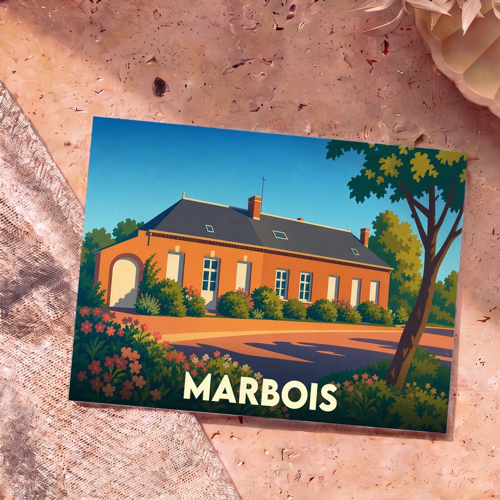 Carte postale souvenir de la ville de Marbois avec une illustration stylisée de maison ancienne.