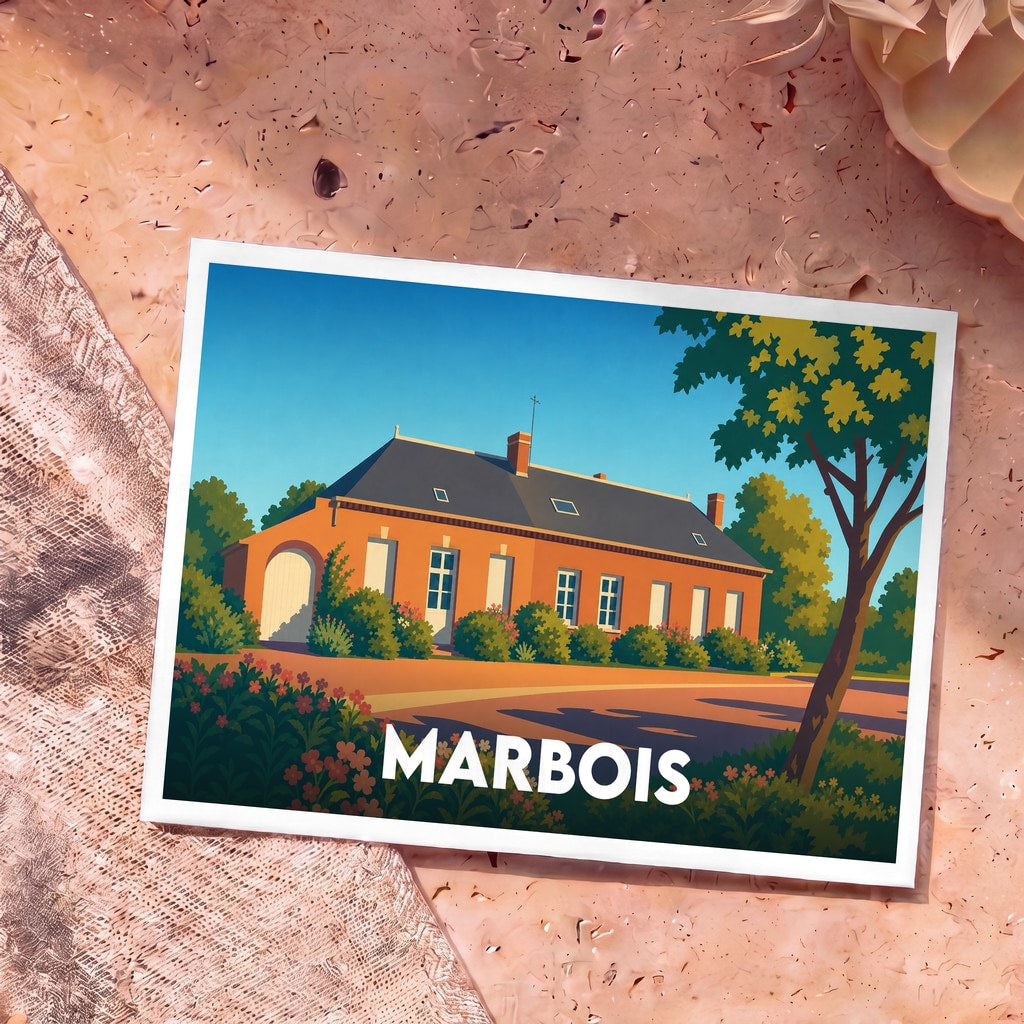 Carte postale souvenir de la ville de Marbois avec une illustration stylisée de maison ancienne.