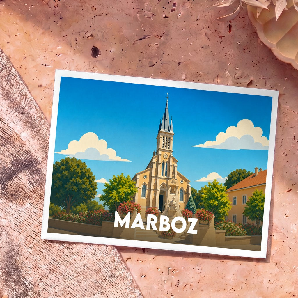 Carte postale souvenir de la ville de Marboz avec une illustration stylisée de son église.
