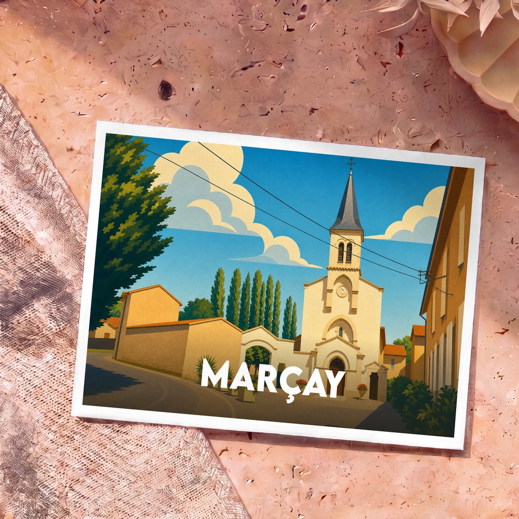 Carte postale souvenir de la ville de Marçay avec une illustration stylisée de son église sous un ciel azur.