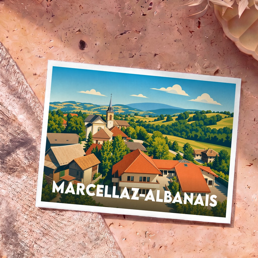 Carte postale souvenir de Marcellaz-Albanais avec une illustration stylisée du village et de son église.