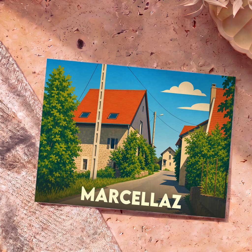 Carte postale souvenir de la ville de Marcellaz illustrant une rue de village avec des maisons aux toits orangés dans un style graphique épuré.