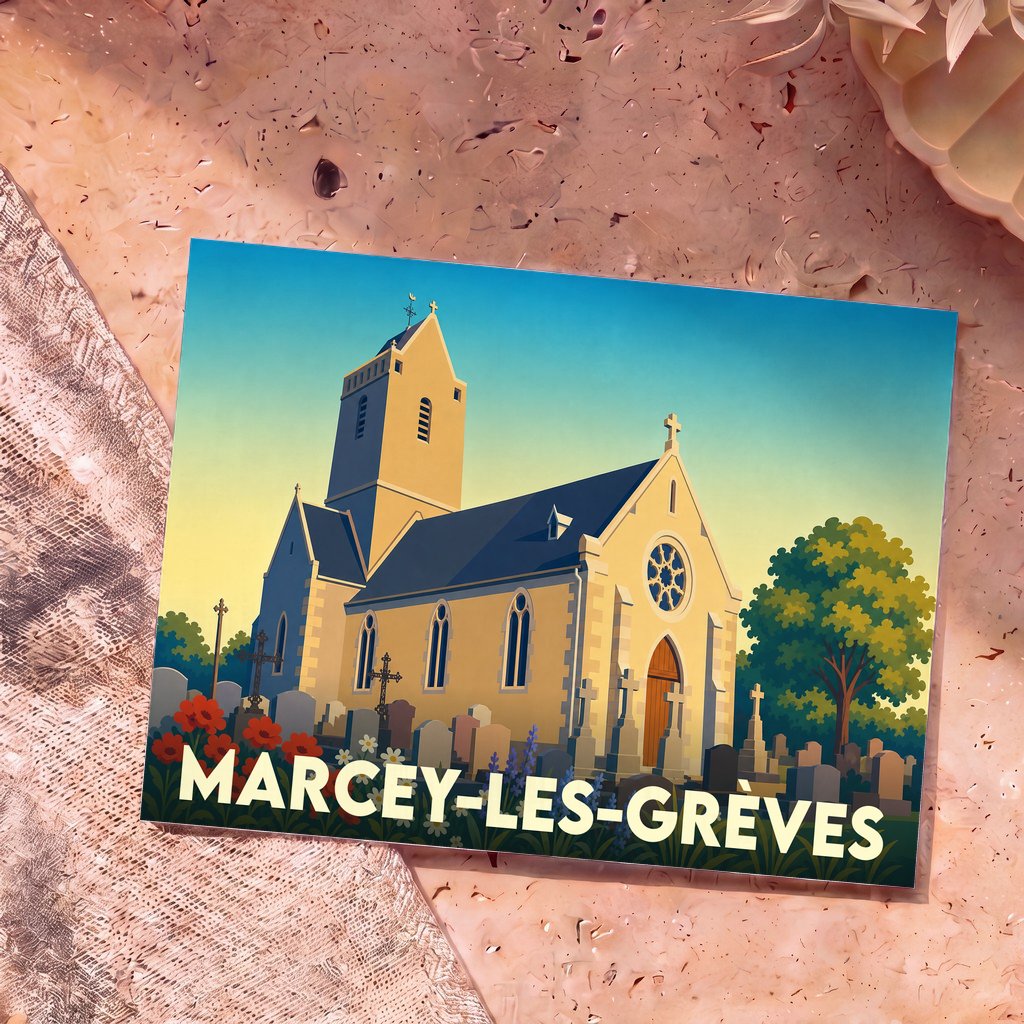 Carte postale souvenir de la ville de Marcey-les-Grèves avec une illustration stylisée d'une église et de son cimetière.