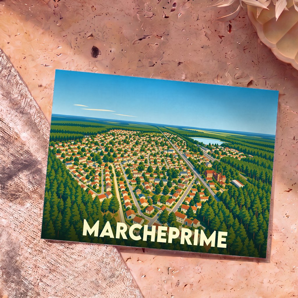 Carte postale souvenir de la ville de Marcheprime avec une illustration aérienne stylisée.