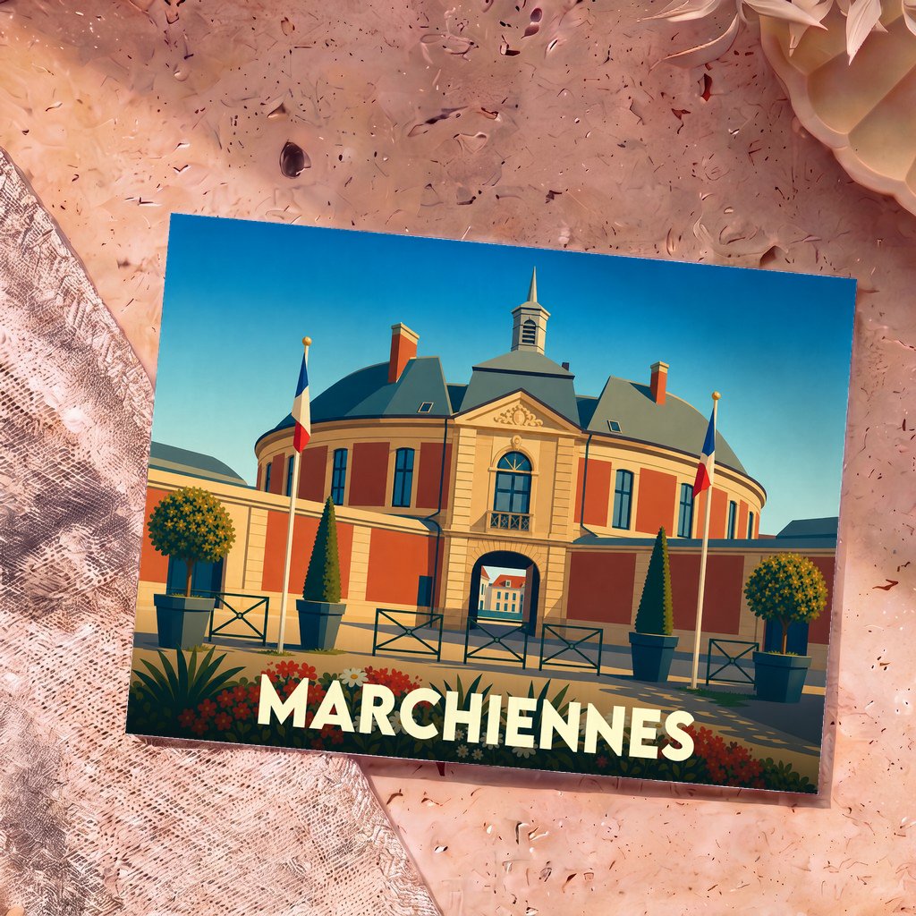 Carte postale souvenir de la ville de Marchiennes illustrant l'entrée monumentale de l'ancienne abbaye dans un style graphique épuré.