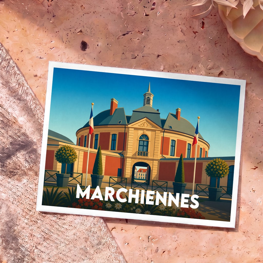 Carte postale souvenir de la ville de Marchiennes illustrant l'entrée monumentale de l'ancienne abbaye dans un style graphique épuré.