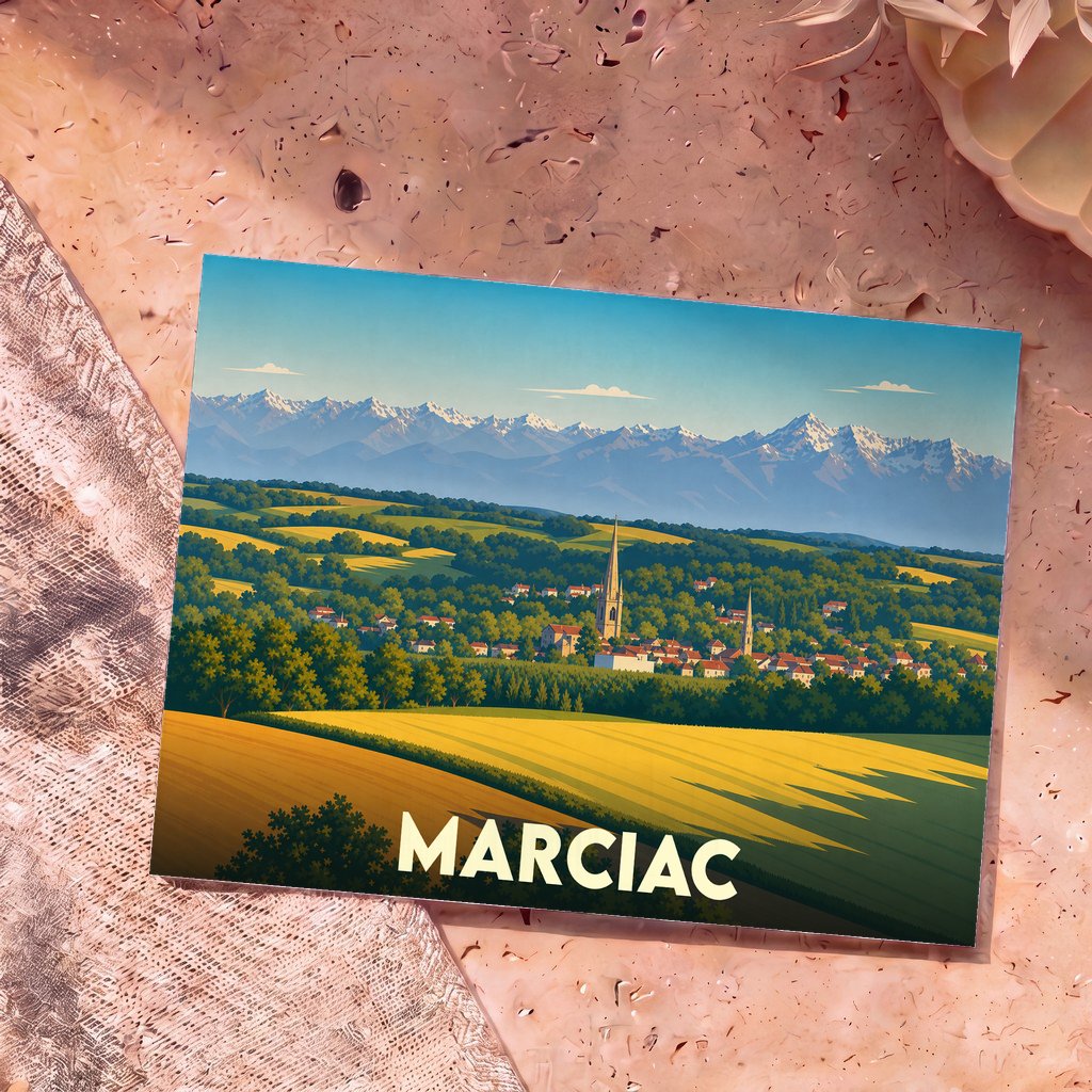 Carte postale souvenir de la ville de Marciac avec une illustration stylisée de son clocher face aux Pyrénées.