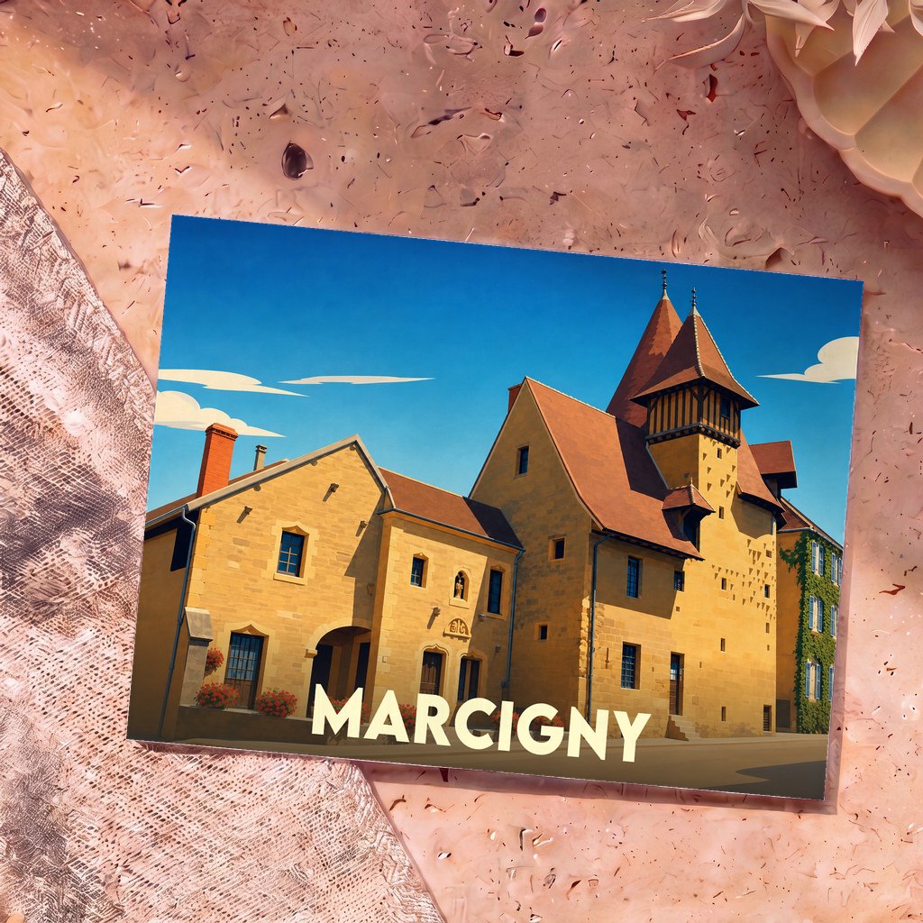 Carte postale souvenir de la ville de Marcigny présentant une illustration stylisée de ses bâtiments historiques en pierre sous un ciel bleu.