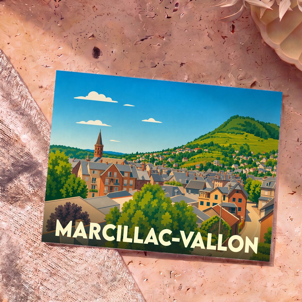 Carte postale souvenir de la ville de Marcillac-Vallon avec une illustration stylisée et colorée.